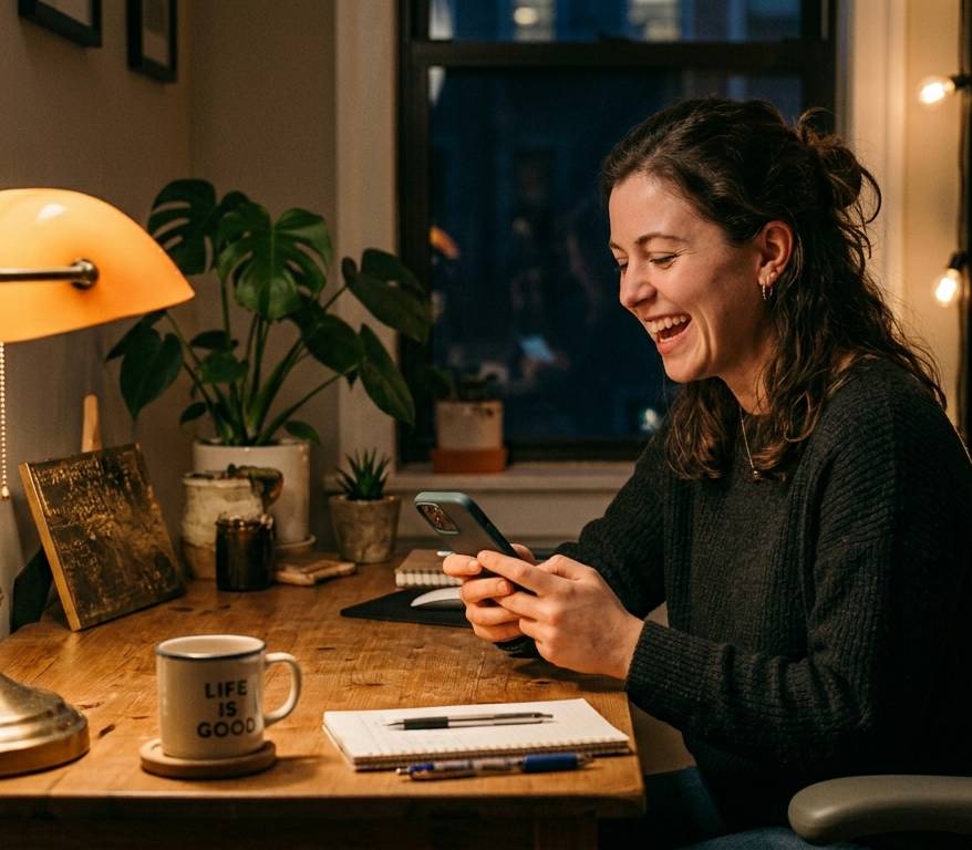 A person smiling during a relaxed video call at home