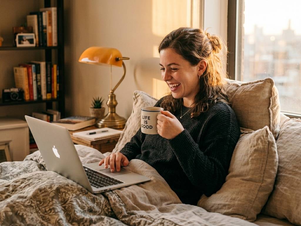 Someone smiling at their laptop with a coffee in warm natural light
